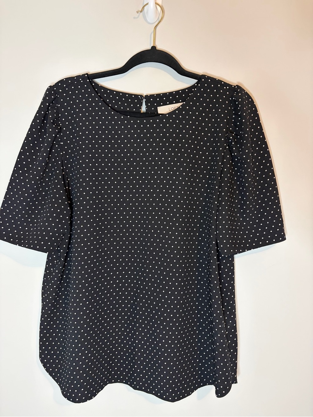 LOFT Black and White Polka Dot Woven Classic Short Sleeve Blouse Size L